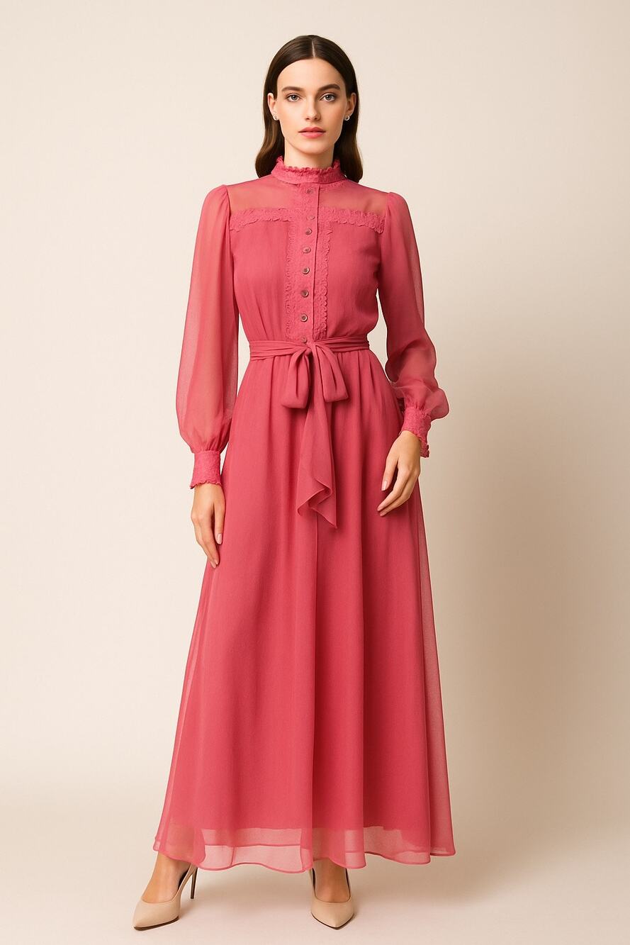 1970s Pink Chiffon Prairie Maxi High Neck Dress Lace Trim LGWD Canada XS